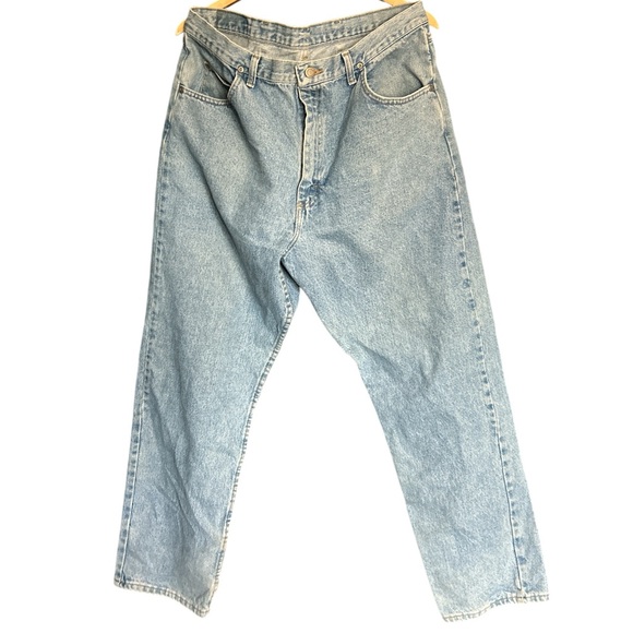 Vintage Wrangler Blue Wash Distressed Straight Leg Festival Denim Jeans Sz 38x32 - Picture 2 of 7